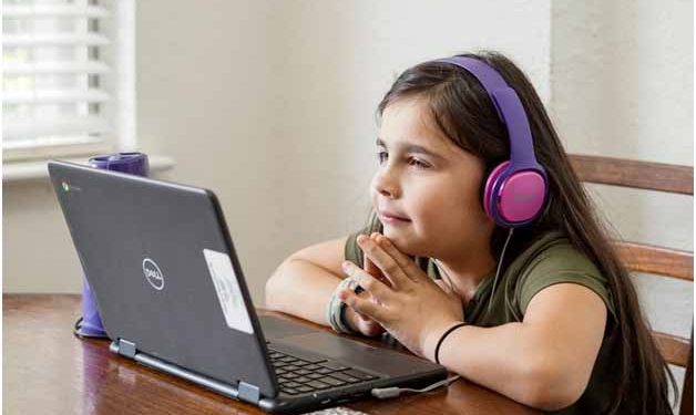 a young student focused on an online class at home
